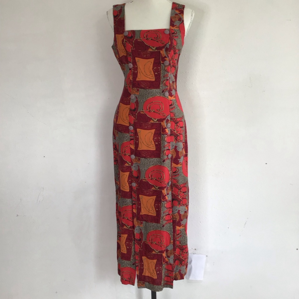 Marnie West Women Elegant Vintage Maxi Dress Size 7 Red Orange Abstract